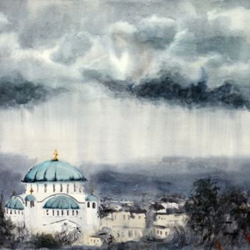 Peinture intitulée "Raining on St. Sava…" par Nenad Kojić, Œuvre d'art originale, Aquarelle