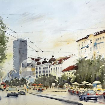 Картина под названием "Traffic on Terazije…" - Nenad Kojić, Подлинное произведение искусства, Акварель