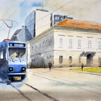 Painting titled "Blue Tram No.2 Beog…" by Nenad Kojić, Original Artwork, Watercolor