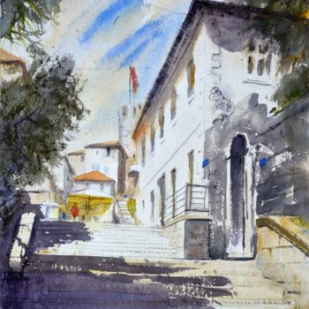 Painting titled "Stairway with shado…" by Nenad Kojić, Original Artwork, Watercolor