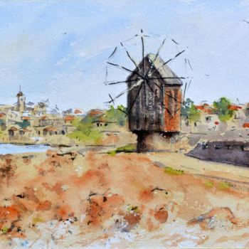 Painting titled "Windmill in red old…" by Nenad Kojić, Original Artwork, Watercolor