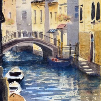 Painting titled "Light above canal o…" by Nenad Kojić, Original Artwork, Watercolor