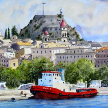 Painting titled "Big red tug-boat Ke…" by Nenad Kojić, Original Artwork, Watercolor