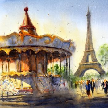Painting titled "Carousel at Eiffel…" by Nenad Kojić, Original Artwork, Watercolor