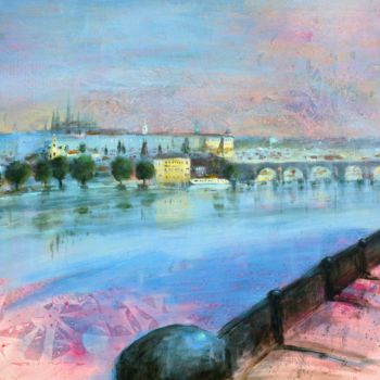 Painting titled "Prague vista in red…" by Nenad Kojić, Original Artwork, Acrylic