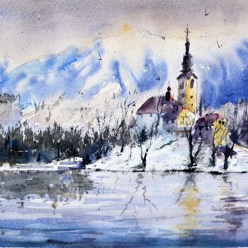 Painting titled "Bled Lake Slovenia…" by Nenad Kojić, Original Artwork, Watercolor