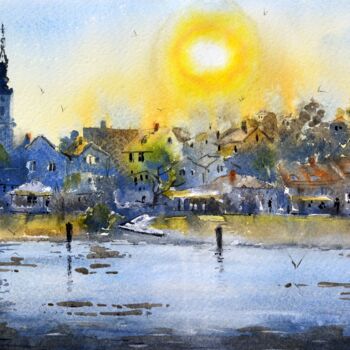 Painting titled "Sunce i Dunav kej Z…" by Nenad Kojić, Original Artwork, Watercolor