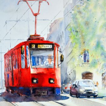 Painting titled "Old red tram Belgra…" by Nenad Kojić, Original Artwork, Watercolor