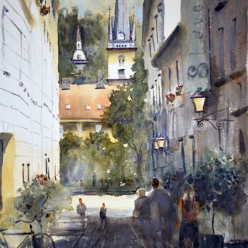 Painting titled "Ljubljana in green…" by Nenad Kojić, Original Artwork, Watercolor