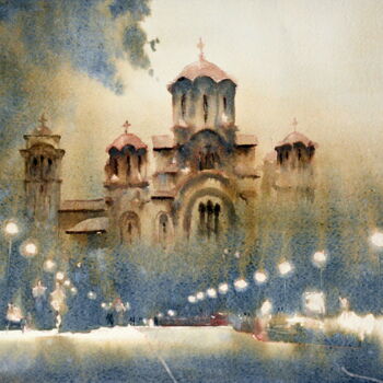 Painting titled "Tasmajdan and St Ma…" by Nenad Kojić, Original Artwork, Watercolor