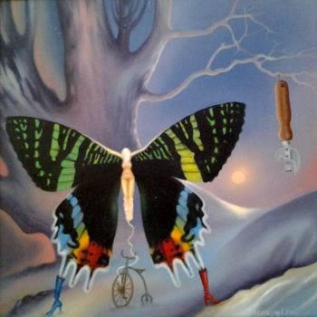 Painting titled "зимняя бабочка" by Gennadii Nesterov, Original Artwork, Oil Mounted on Wood Stretcher frame