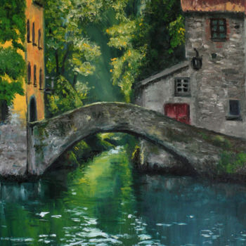 Painting titled "Nesso, Lake Como" by Iwonna Salak, Original Artwork, Oil Mounted on Wood Stretcher frame