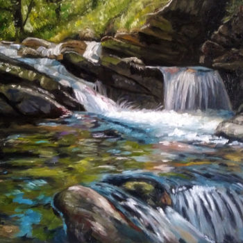 Painting titled "Creek in the woods" by Iwonna Salak, Original Artwork, Oil Mounted on Wood Stretcher frame