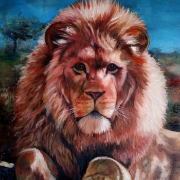 Painting titled "Lion" by Iwonna Salak, Original Artwork, Oil Mounted on Wood Stretcher frame