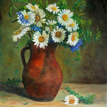 Painting titled "Daisies" by Iwonna Salak, Original Artwork, Oil Mounted on Wood Stretcher frame