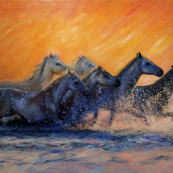Painting titled "Running horses" by Iwonna Salak, Original Artwork, Oil Mounted on Wood Stretcher frame