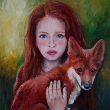 Painting titled "The girl and a fox" by Iwonna Salak, Original Artwork, Oil Mounted on Wood Stretcher frame