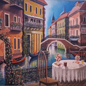 Peinture intitulée ""Gelateria Venezia"" par Nezir Sarac, Œuvre d'art originale, Huile Monté sur Châssis en bois