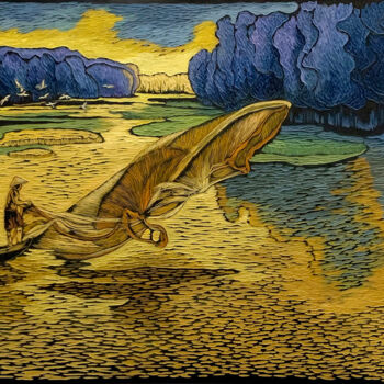 Schilderij getiteld "Sunrise on the river" door Nga Tran, Origineel Kunstwerk, Olie