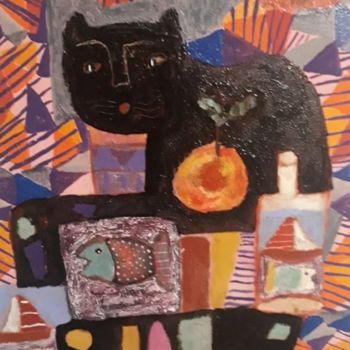 Painting titled "Gato" by Asfaduroff Nibbes, Original Artwork, Encaustic