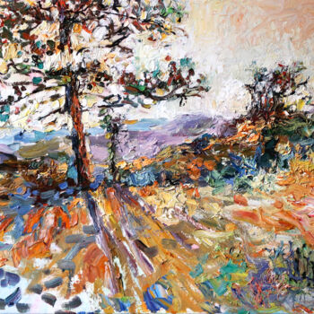 Painting titled "Sunset in the mount…" by Nicifor Swiristuhin, Original Artwork, Oil Mounted on Wood Stretcher frame