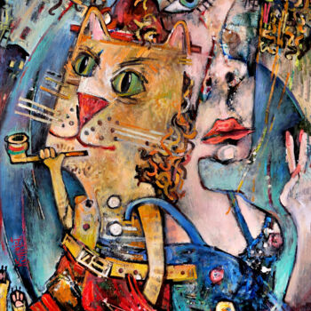 Peinture intitulée "Girl, cat and peace…" par Nicifor Swiristuhin, Œuvre d'art originale, Huile Monté sur Châssis en bois