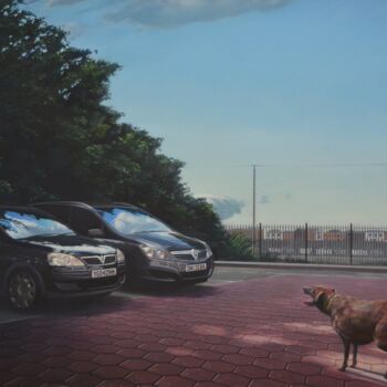 Painting titled "Dog Barking at Park…" by Nick Offer, Original Artwork, Oil