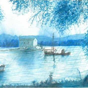Disegno intitolato "Island Scene" da Nick Skarvelakis, Opera d'arte originale, Pastello