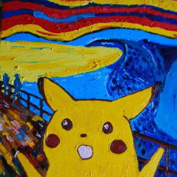Painting titled "screaming pikachu" by Nick Kaliberda, Original Artwork, Oil Mounted on Wood Stretcher frame