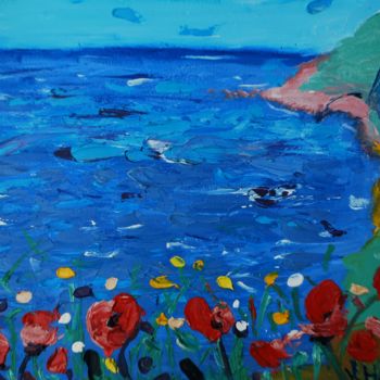 제목이 "poppies against the…"인 미술작품 Nick Kaliberda로, 원작, 기름 나무 들것 프레임에 장착됨