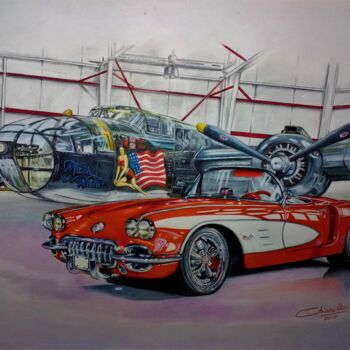 Pintura titulada "B-25 and Corvette" por Nicky Chiarello, Obra de arte original, Lápiz