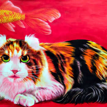 Painting titled "want fish" by J Kong, Original Artwork, Gouache