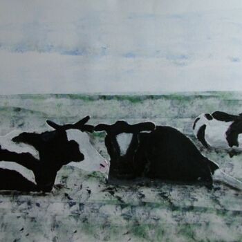 Schilderij getiteld "Koeien in de morgen…" door Nico Van Oosten, Origineel Kunstwerk, Olie