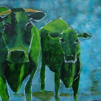 Schilderij getiteld "Groene koeien / Gre…" door Nico Van Oosten, Origineel Kunstwerk, Olie