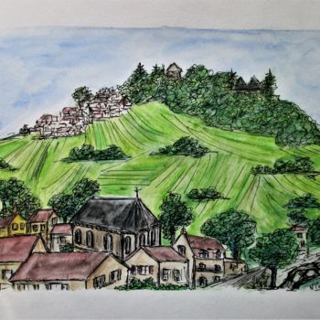 Peinture intitulée "Vignoble Sancerrois" par Nicodi, Œuvre d'art originale, Aquarelle