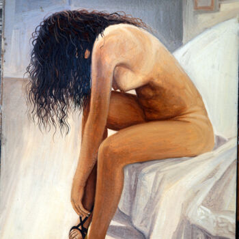 Schilderij getiteld "Nudo di donna" door Nicola Romilio, Origineel Kunstwerk, Olie Gemonteerd op Frame voor houten brancard