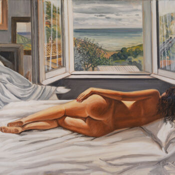 Painting titled "Nudo di donna su le…" by Nicola Romilio, Original Artwork, Oil Mounted on Wood Stretcher frame