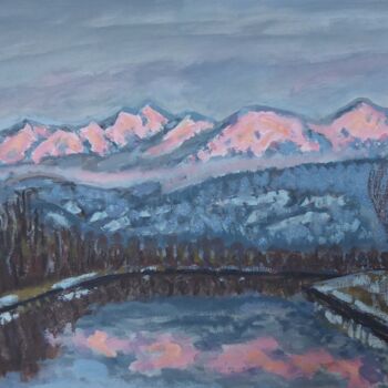 Painting titled "Vue sur le massif d…" by Nicolas Cavuoto, Original Artwork, Oil Mounted on Wood Stretcher frame