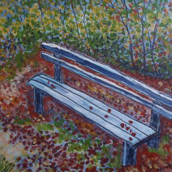 Painting titled "Le vieux banc" by Nicolas Cavuoto, Original Artwork, Oil Mounted on Wood Stretcher frame