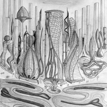 Рисунок под названием "Futuristic City" - Nicolas Chammat, Подлинное произведение искусства, Графит