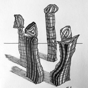 Disegno intitolato "Four Rocks Down Town" da Nicolas Chammat, Opera d'arte originale, Pennarello