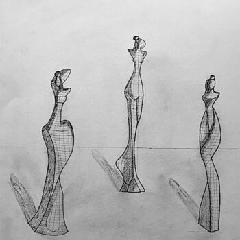 Drawing titled "Three Sculptures To…" by Nicolas Chammat, Original Artwork, Graphite