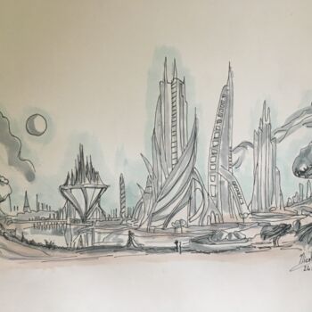 Zeichnungen mit dem Titel "Solaria City" von Nicolas Chammat, Original-Kunstwerk, Marker