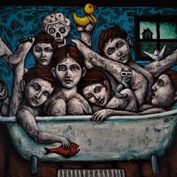 Painting titled "LE BAIN" by Nicolas Monjo, Original Artwork, Acrylic Mounted on Wood Stretcher frame