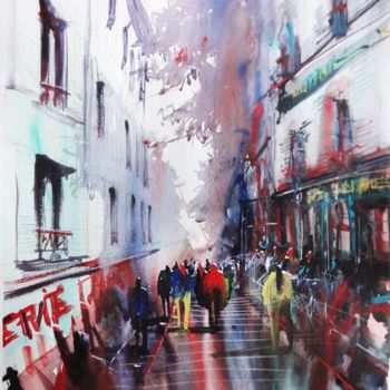 Painting titled "Rue des Saules - Mo…" by Nicolas Jolly, Original Artwork, Watercolor