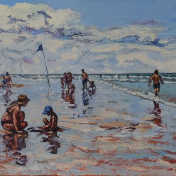 Painting titled ""scène de plage" pe…" by Nicole Bellocq, Original Artwork, Oil