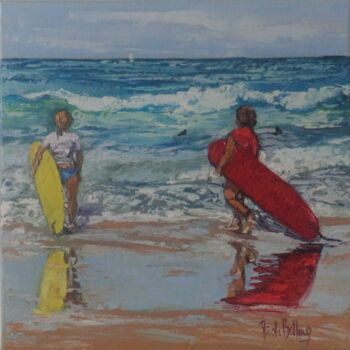 Painting titled "Surfeurs" by Nicole Bellocq, Original Artwork, Oil