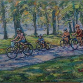 Pintura intitulada "Balade à vélo au bo…" por Nicole Bellocq, Obras de arte originais, Óleo