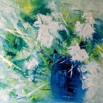 Painting titled "Aqua floral painting" by Nicole Caron, Original Artwork, Oil