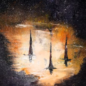 Painting titled "Trois bateaux navig…" by Nicole De Pauw, Original Artwork, Acrylic Mounted on Wood Stretcher frame